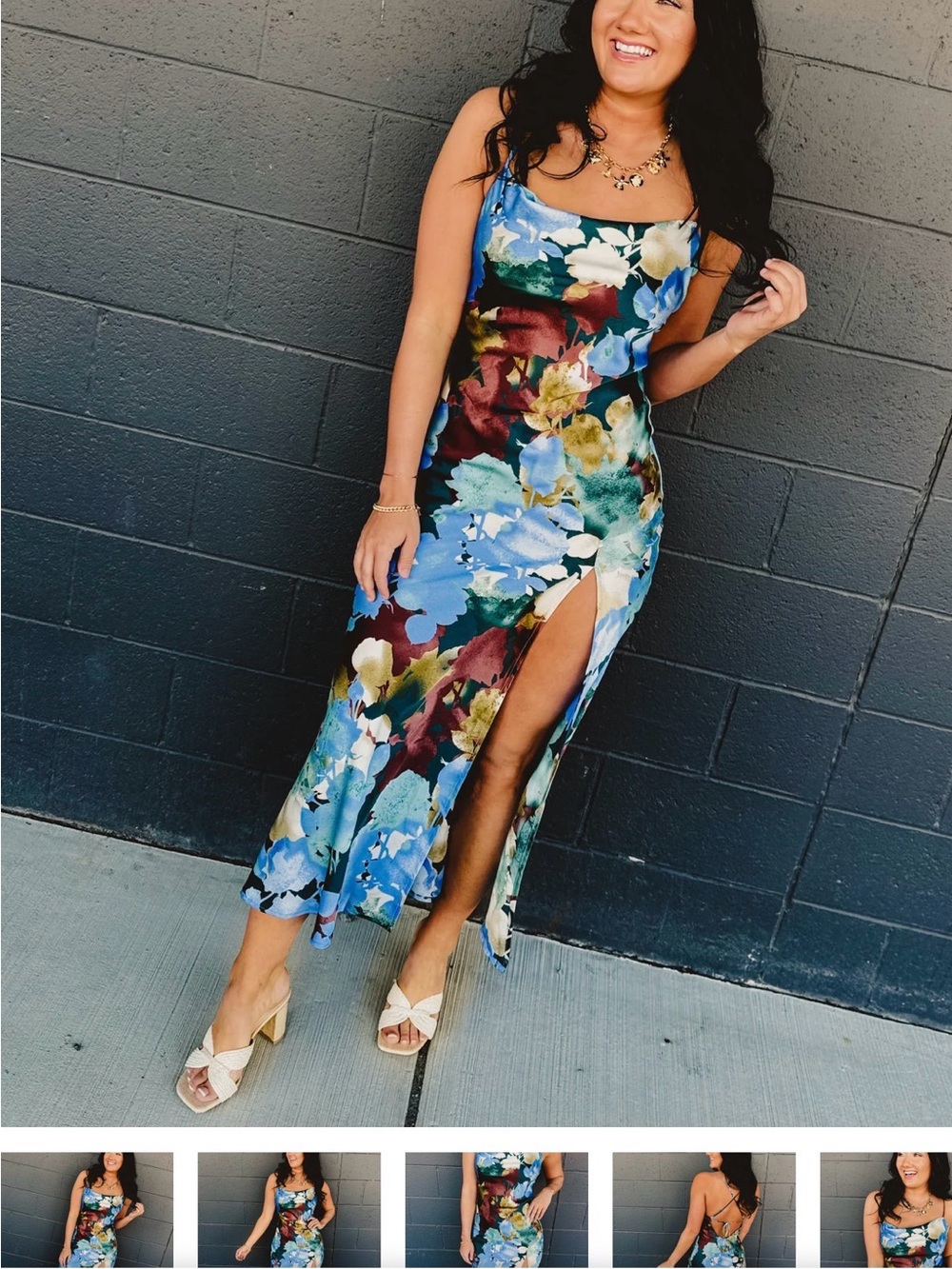 Blue Floral Slip Dress with Side Slit